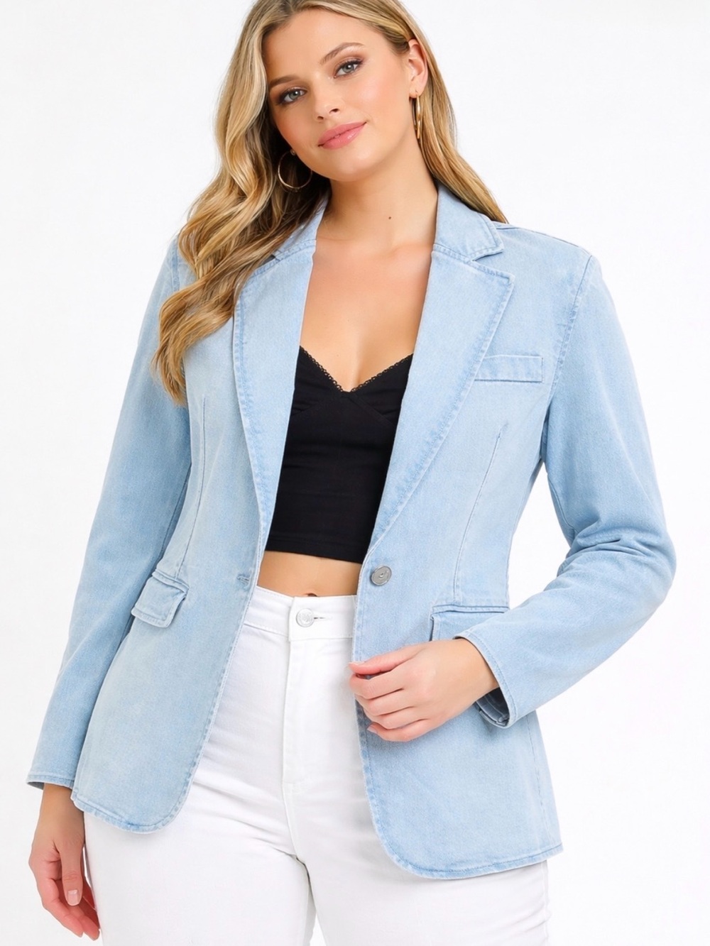 Risen Plus Size Light Blue Denim Blazer Jacket - Women